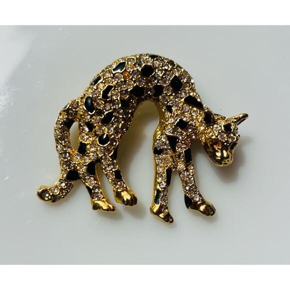 Leopard Cat Goldtone Brooch Pin Rhinestones Black Enamel Crystal Eyes Vtg - Picture 6 of 6